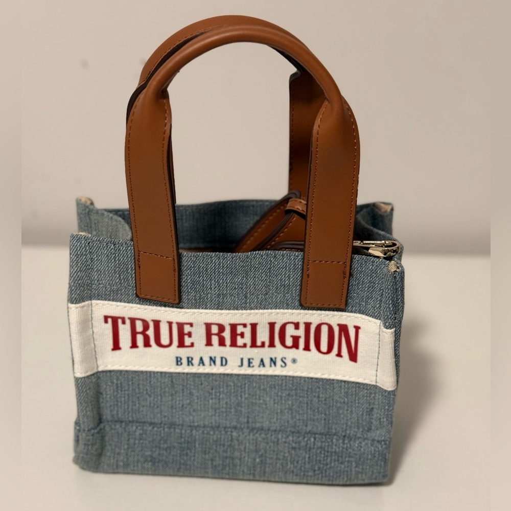 True Religion Blue Denim Mini Tote with Brown Handles